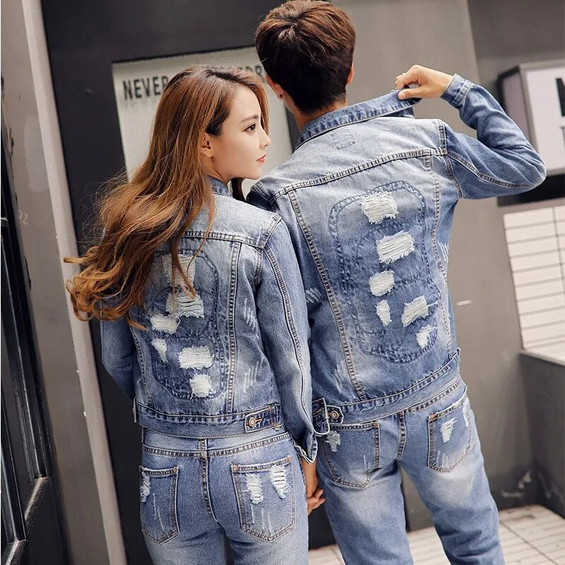 Autumn Korean Mens Denim Jacket Two Piece Set Slim Fit Hole Ripped Jeans Casual Unisex Cowboy Outfit Clothing Matching Sets