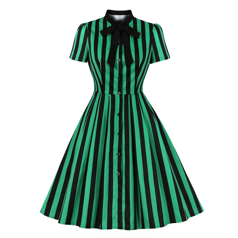 Tonval Bow Tie Neck Green Striped Vintage Robe Button Up Elegant Dresses for Women Cotton Retro Clothing Pocket Summer Dress