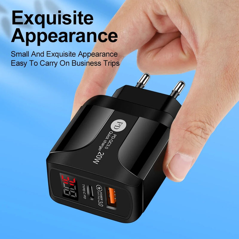 Quick charge 3.0 QC Dual USB PD USB-C Charger Digital Display Fast Charger for iPhone 12 7 Xiaomi Samsung Huawei Wall Chargers