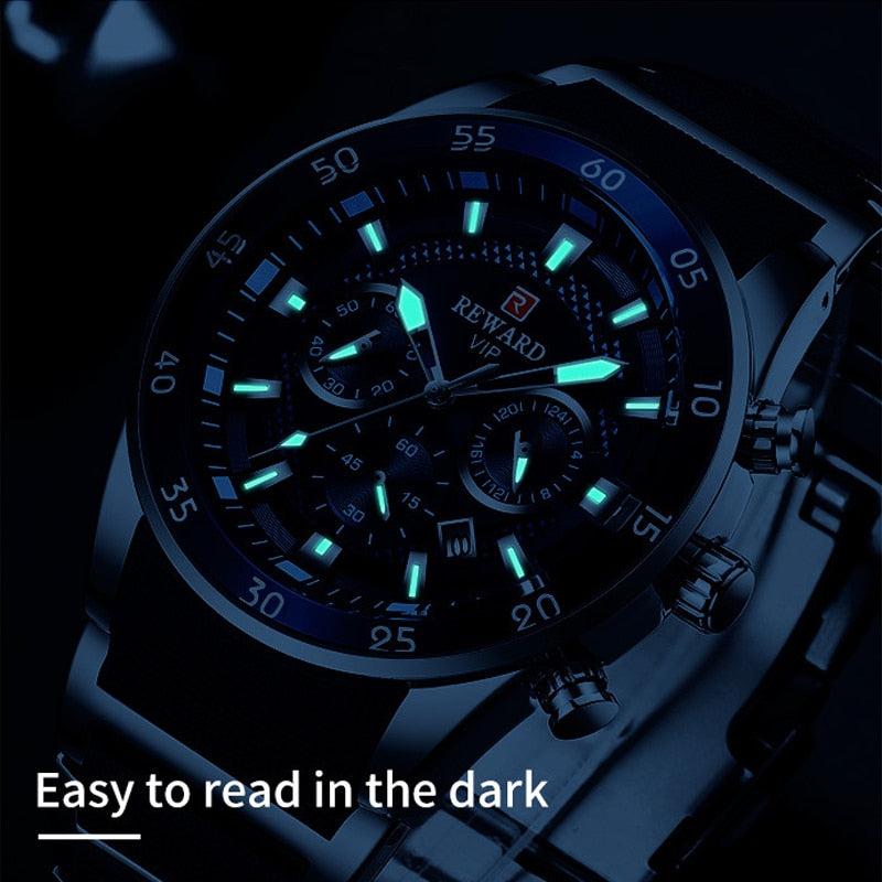 REWARD Brand Mens Watches Luxury Quartz Blue Watch Full Steel Men Chronograph Waterproof Business Wrist Watch Relogio Masculino