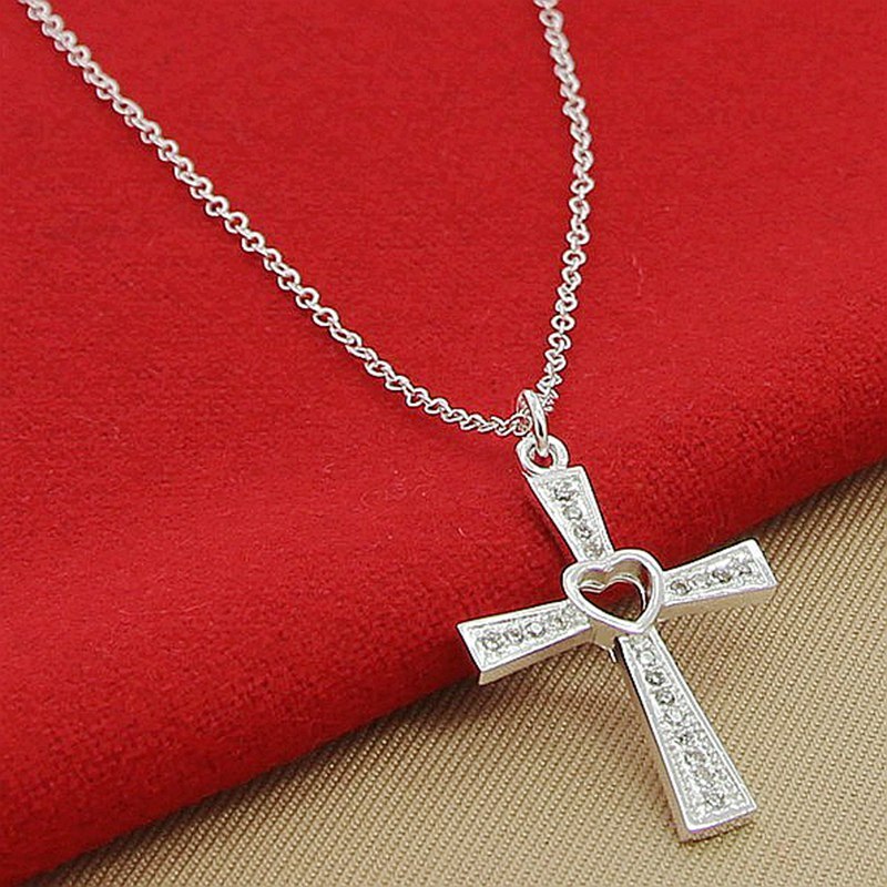 Wholesale Price 925 Sterling Silver Heart Cross Clear CZ Pendant Necklace For Women Birthday Gifts