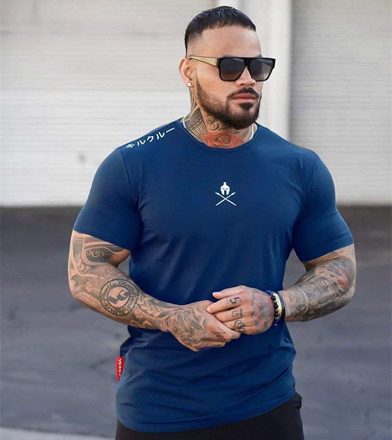 Men T Shirts Fashion Summer Bodybuilding Letter Printed Tshirt Men GYM Fitness Workout  O-Neck Show Muscle