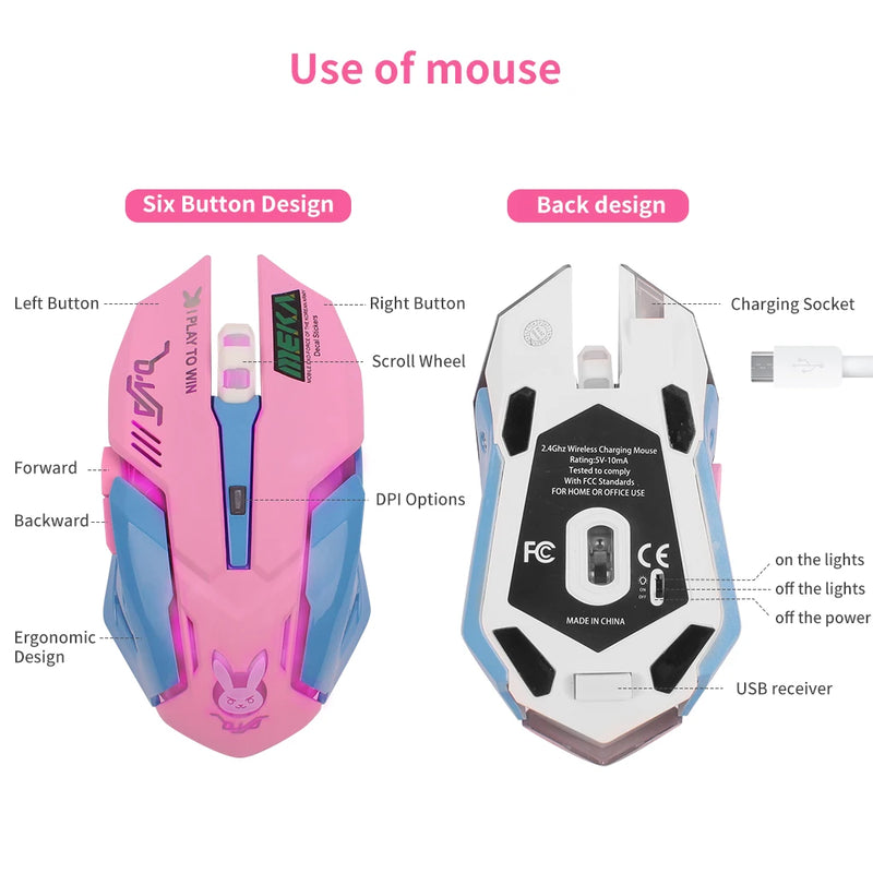 Rechargeable Wireless Mouse Silent Mouse Pink Luminous DVA Computer Gaming Mouse 2400DPI for PC Notebook Computers RGB Light