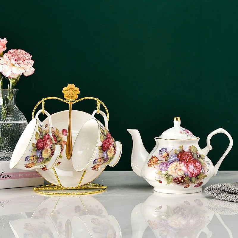 European Bone China Tea Set English Afternoon Tea Cup Set Teapot High-Grade Porcelain Coffee Pot 1 TeaPot 2 Cups and Saucers