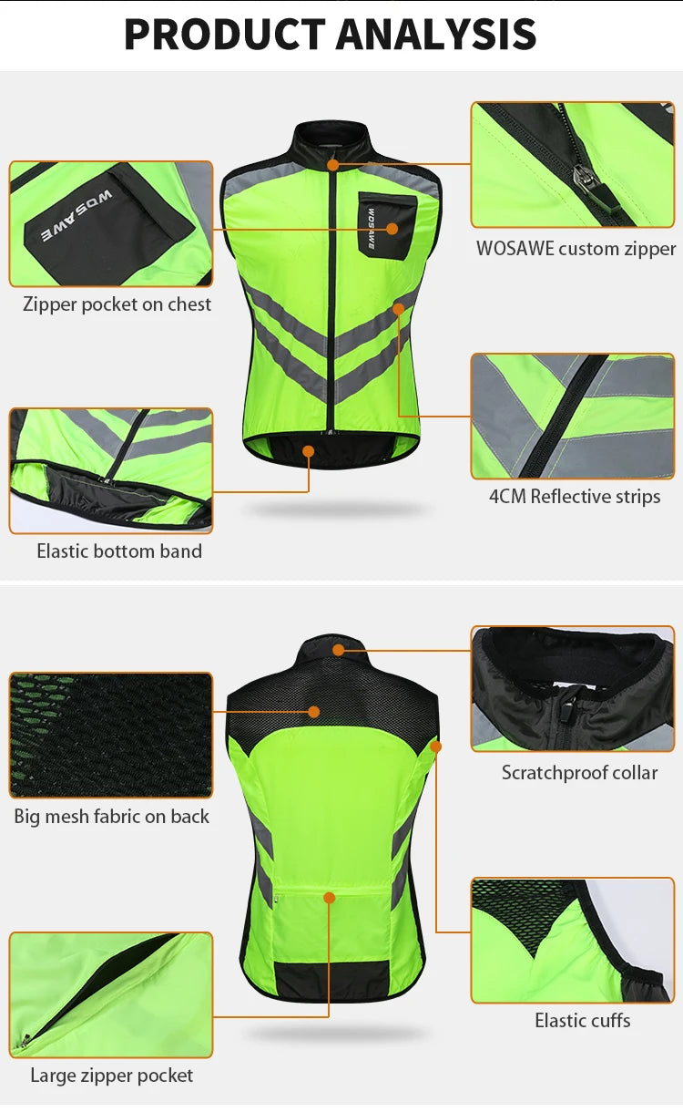 WOSAWE Reflective Cycling Vests Men Sleeveless Sports Ciclismo Jerseys Gilet Breathable Road Bike Bicycle MTB Clothing Wear