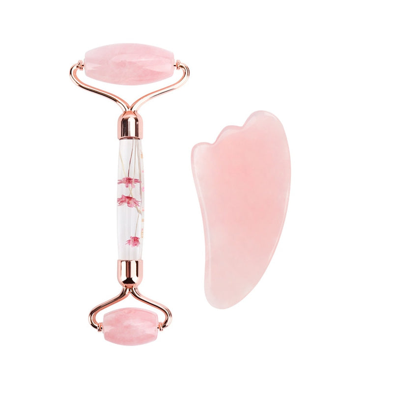 Rose Quartz Jade Roller Flower Pole Roller Face Lifting Massager Facial Manual Massage Heart-shaped Gua Sha Set Anti-wrinkles