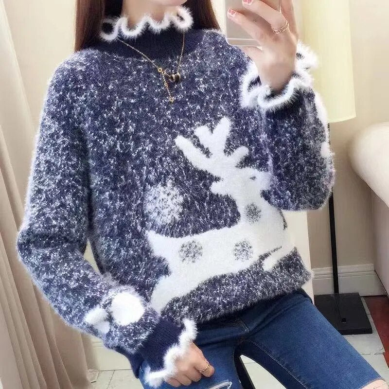 Christmas Sweater Women Reindeer Turtleneck Winter Clothes Mink Cashmere Sweaters Pull Femme Korean Pullover Kawaii Jumper 2023