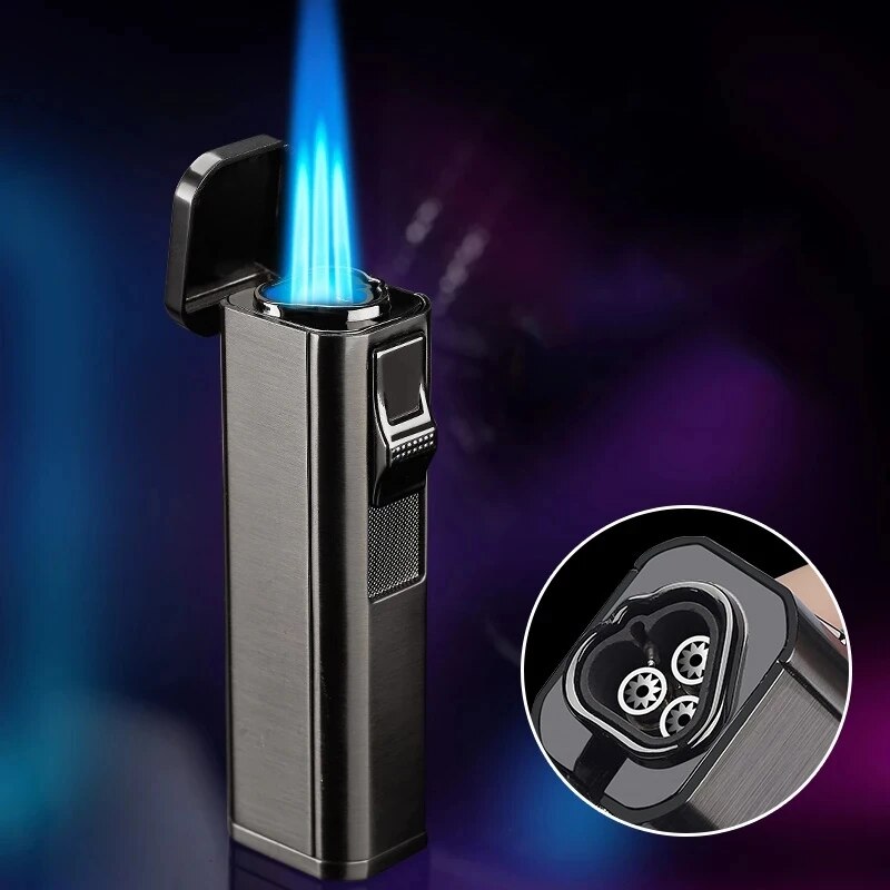 Metal Triple Torch Jet Lighter Turbo Cigar Pipe Lighter With Cigar Cutter Butane Gas Windproof  Lighter Cigarette Christmas Gift