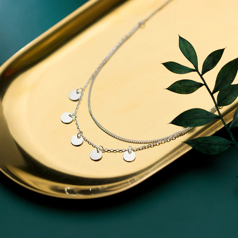 MODIAN 925 Sterling Silver Simple Double Chain Sequins Pendant Necklace for Women Geometric Necklace Korea Style Fine Jewelry