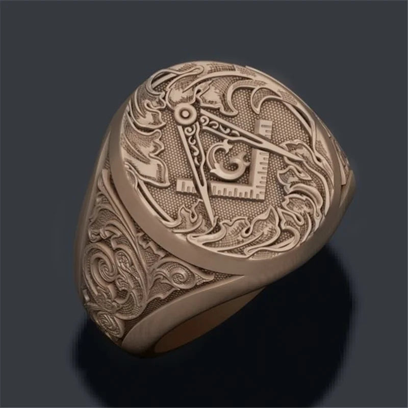 New Retro Letter Ag Freemason Pattern Ring Men's Ring Fashion Metal Golden Freemason Ring Accessories Party Jewelry Size 7-12