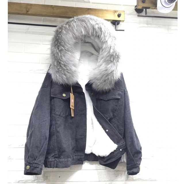 2019 velvet thick denim jacket female winter big faux fur collar Korea denim  coat female student short coat