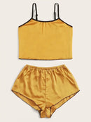 Womens Sexy V-neck Nightwear Femme Satin Sling Shorts Sleepwear Lingerie Lace Sleeveless Underwear Pijama Feminino No chest pad