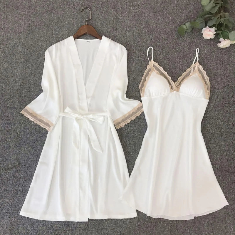 Satin Robe Set Sexy Female Sleepwear Summer Kimono Bathrobe Lace Trim Bride Bridesmaid Dressing Gown Casual Nightgown