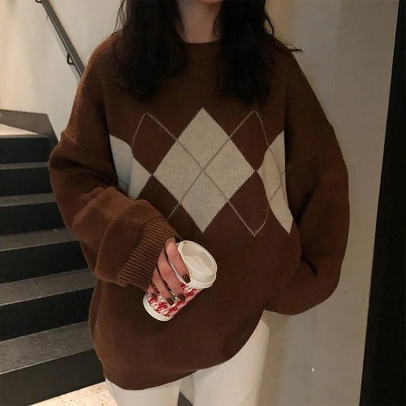 Knitted Sweater Women Oversized Argyle Sweater Pullovers Winter Loose Sweater Korean College Style Women Jumper Sueter Mujer