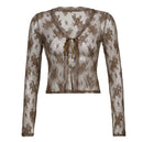 Women Sexy See Through Y2K Mesh Cardigan Shirt Ladies Girls Long Sleeve Button Down Lace E-Girl Shirt Crop Top