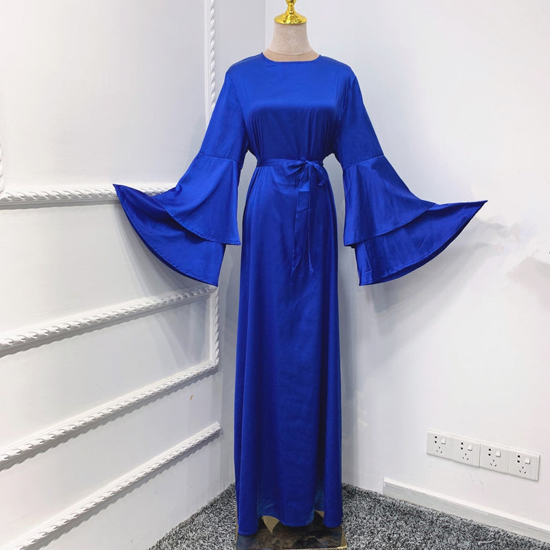 Soft Satin Long Dress Dubai Abaya Women Summer Long Flare Sleeve Belted Hijab Robe Muslim Islam Arab Turkey Clothes Ramadan