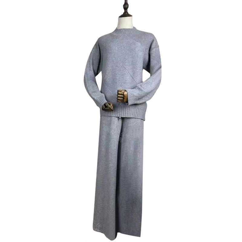 2021 Women Tracksuits Chic 2 Piece Set Knitted Solid Lounge Suit Cashmere Blend Pullover Sweater Wide Leg Pants Two Pieces Sets