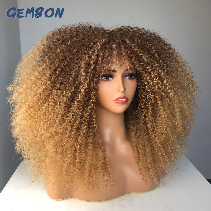 GEMBON Hair Brown Copper Ginger Short Curly Synthetic Wigs for Women Natural Wigs With Bangs Heat Resistant Cosplay Hair Ombre