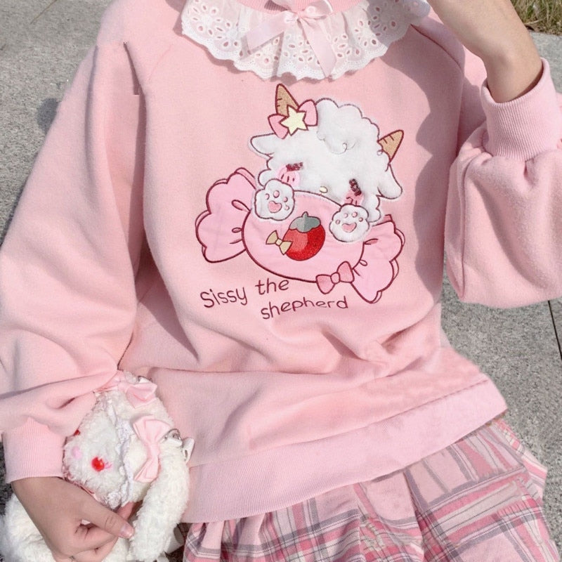 2022 Autumn Women Lace Neck Cute Hoodies Harajuku Kawaii Sweatshirt Lolita Girl Pink Pullover Lamb And Candy Embroidery Sudadera