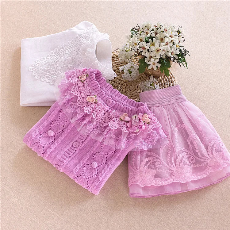 Spring Autumn Girls Sweater Skirt T-shirt 3pcs Clothing Set Children Cotton  Cardigan Lace Princess Outfits Kids Mesh Suit Set