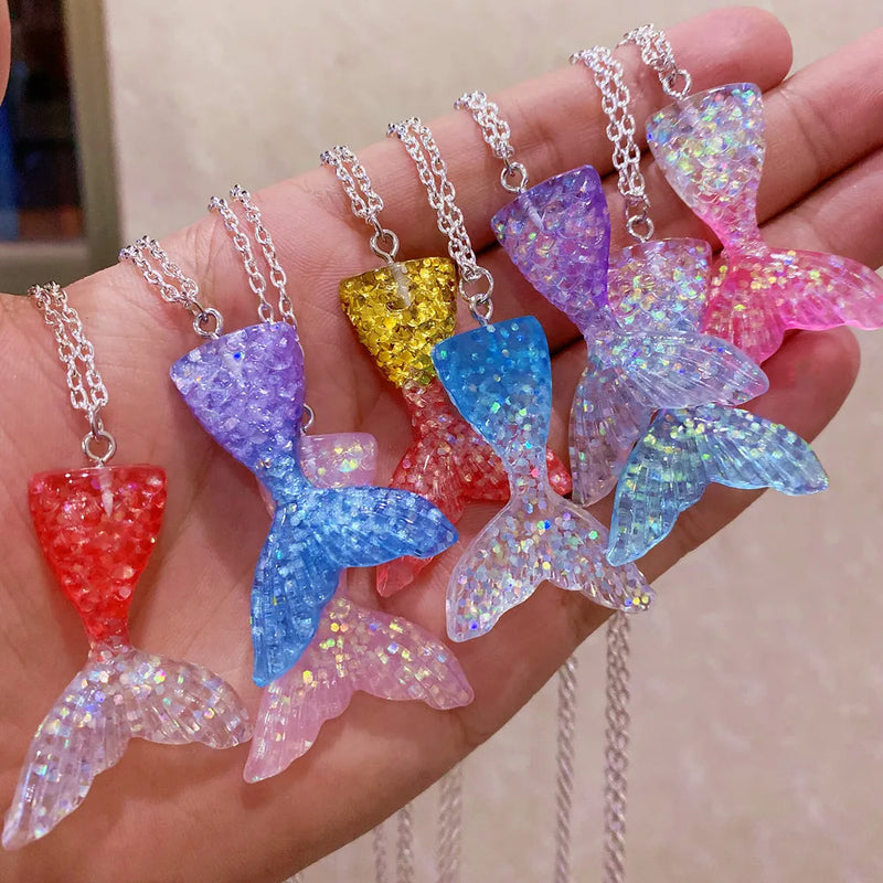 8Pcs Set Fashion Colourful Gradient Mermaid Tail And 8 Color Shimmery Fish Scale Charm Necklace Choker For Women Girls Jewelry