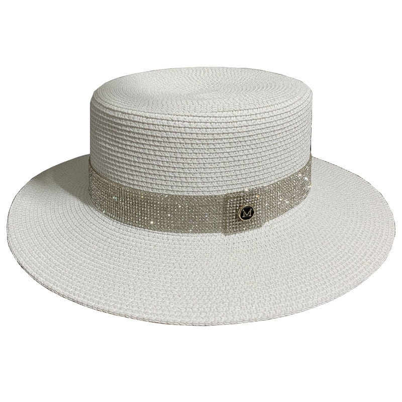 Sun Hat Artificial Diamond Belt Straw Hat Retro Gold Braided Hat Female Loose Sunscreen Sunshade Flat Cap Visors Hats Church Hat