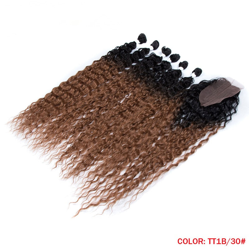 7 Pcs / Lot Curly Hair Bundles With Closure Synthetic Weave Hair Extensions 6 Bundles and Lace Closure 30 Inch Heat Resistant