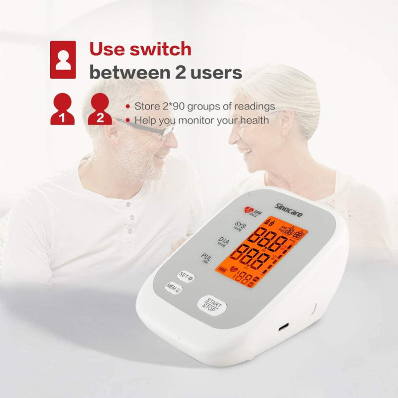 Sinocare Blood Pressure Monitor Upper Arm Tensiometer Automatic Digital BP Machine Sphygmomanometer Heart Rate Pulse 2x90 Memory