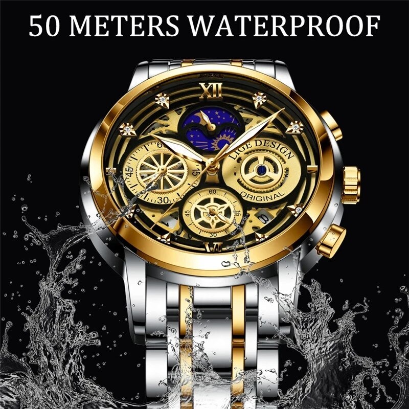 LIGE Chronograph Men Watches Waterproof Stainless Steel Luxury Hollow Man Wristwatch Large Dial Auto Date Quartz Watch Clock+Box