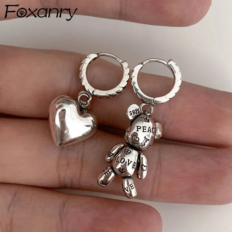FOXANRY Prevent Allergy Stamp Hoop Earrings Vintage Accessories Little Bear LOVE Heart Asymmetric Party Jewelry