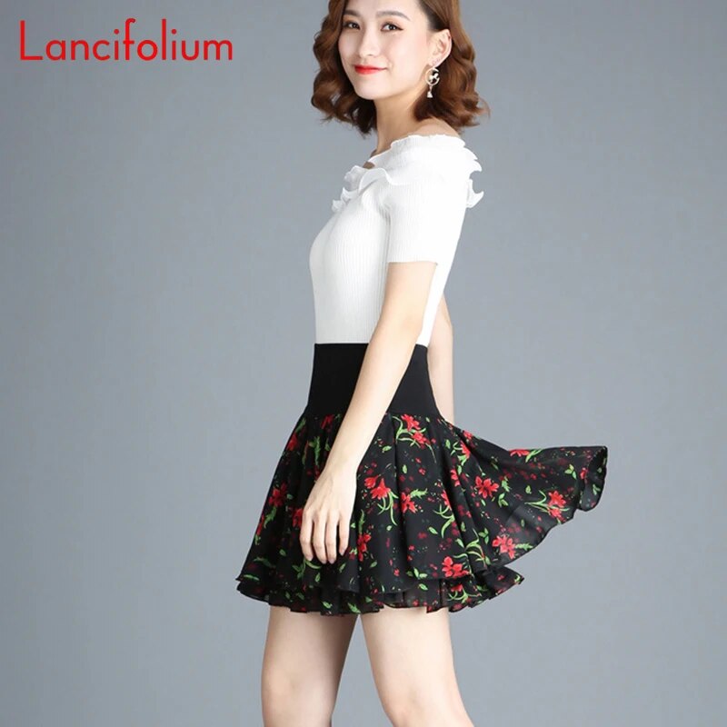 Floral Mini Skirt Women Summer Pleated Swing Chiffon Skirt Girl Black Korean Kawaii Female Elastic High Waist Skirt Shorts B009