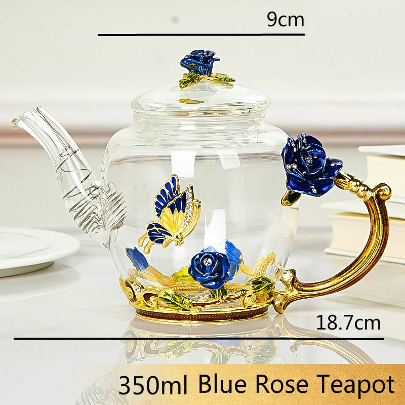 Red rose Enamel Crystal Flower Glass Teapot for Hot and Cold Drinks Home Drinkware Office water kettle Tea set coffee pot