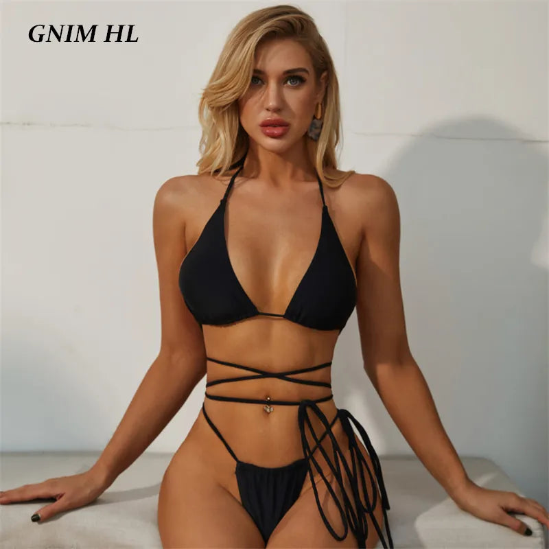 GNIM Solid Black Swimsuit Female Two Piece Bandage Bikini Mujer 2020 Sexy Backless Thong Swimwear Women Summer Beachwear Biquini