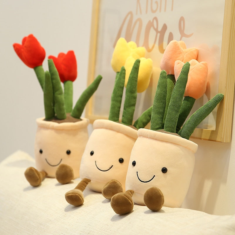 Lifelike Tulip&amp;Succulent Plants Plush Stuffed Decor Toys Soft Bookshelf Decor Doll Creative Potted Flowers Pillow for Girls Gift