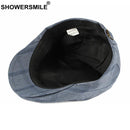 SHOWERSMILE Navy Plaids Beret Hat Men British Style Gatsby Male Falt Cap Spring Summer Male Ivy Retro Men's Checked Newsboy