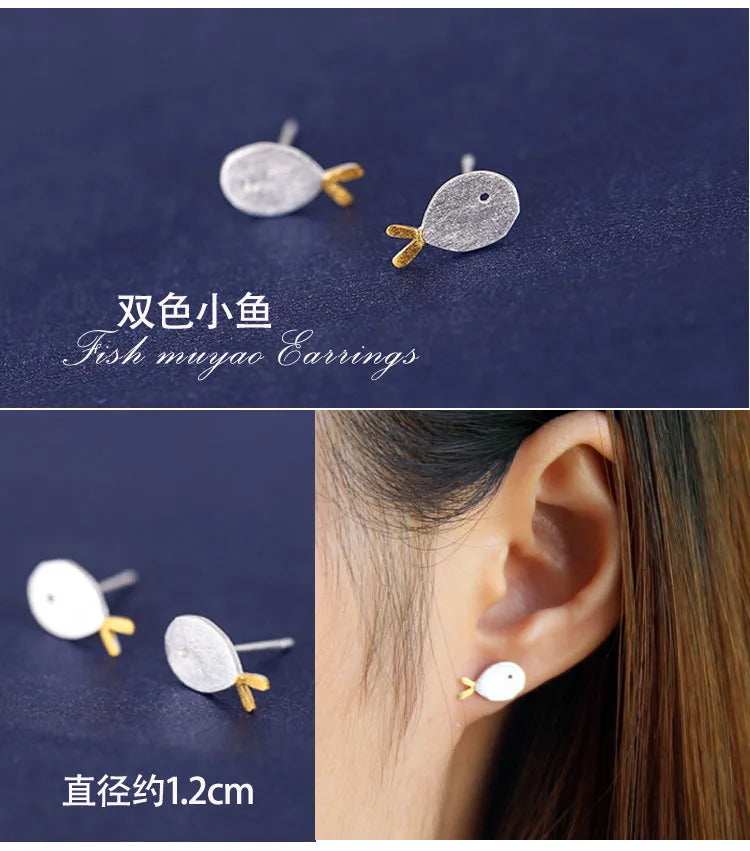 Real 925 Sterling Silver Small fish Earrings for Women Girls Gift Hot Fashion sterling-silver-jewelry Women Earrings