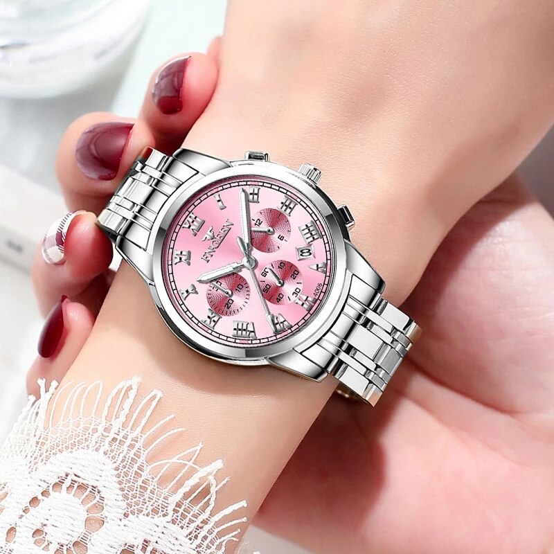 FNGEEN Top Brand Luxury Business Watch Women Watches Stainless Steel Pink Red Quartz Wristwatches Waterproof Luminous Hands