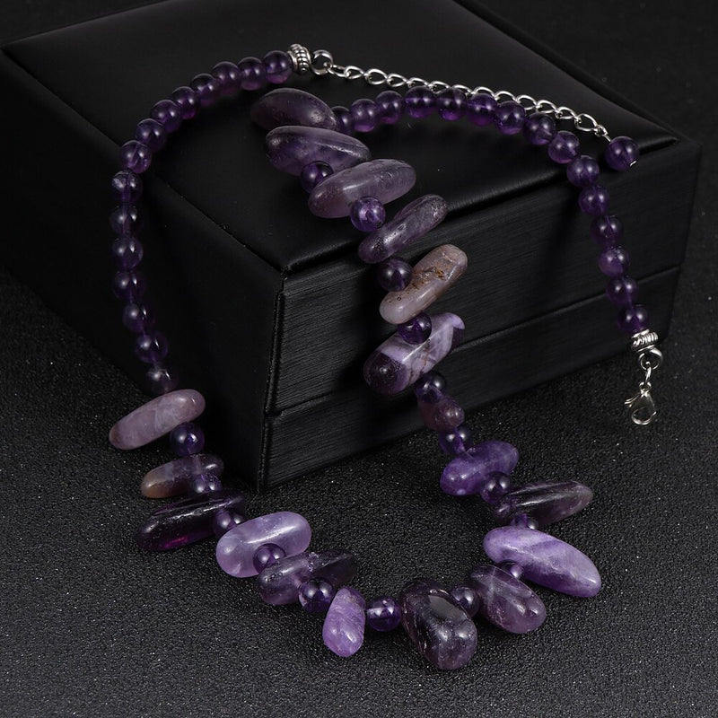 Women Natural Stone Amethyst India Onyx Lapis Lazuli Necklace Irregular Gemstone Beaded Clavicle Chain Chokers Party Jewelry