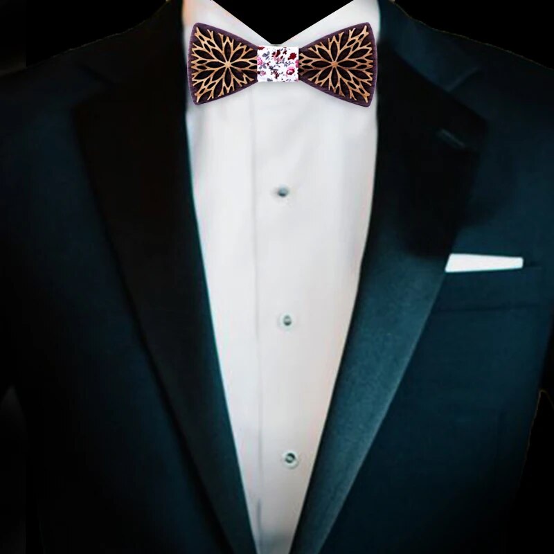 Double layer Wooden Bow Tie Men's Cotton Floral wood decoration Bowtie Set Business CuffLinks for Wedding corbatas para hombre