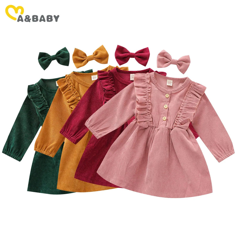 Ma&Baby 6M-5Y Spring Autumn Children Girls Kid Baby Corduroy Dress Vintage Long Sleeve Ruffles Tutu Dress For Girls