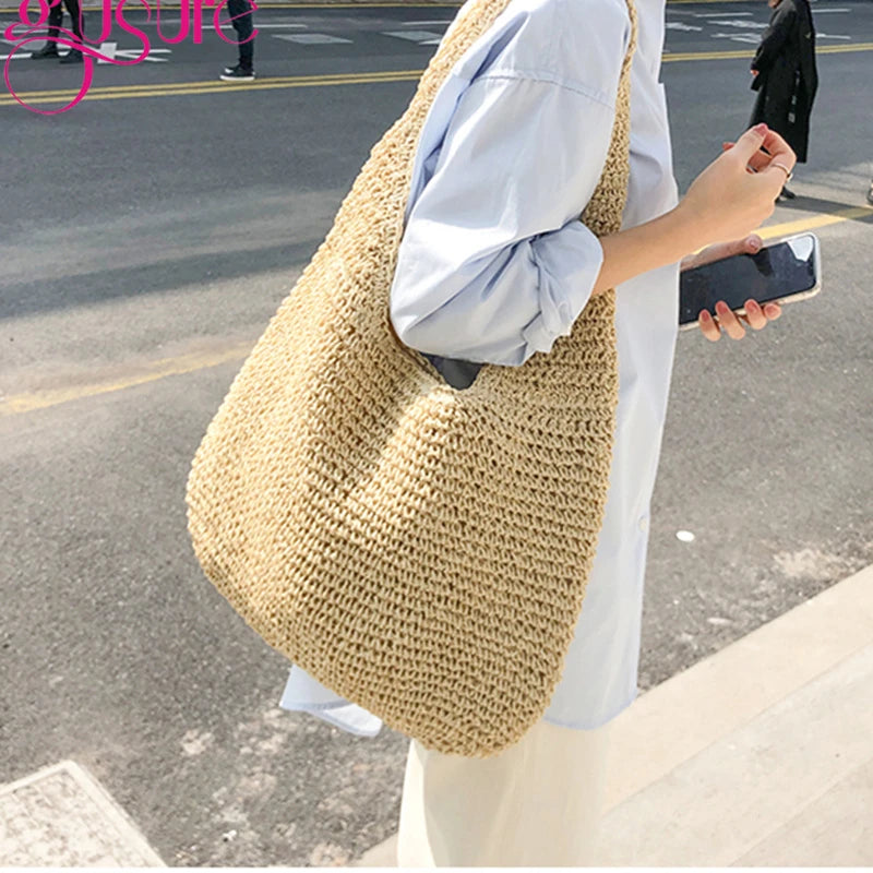 Gusure Casual Straw Women Shoulder Bags Wicker Woven Ladies Handbags Handmade Summer Beach Large Totes Bag Bohemia