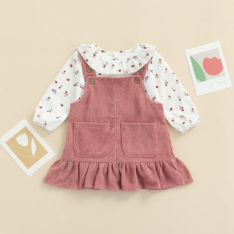 Infant Baby Girls Suit, Spring Autumn Long Sleeve Floral Printed Romper Tops+Solid Color Ruffled Dress
