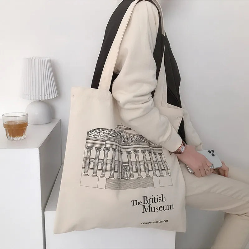Women Canvas Bag British Museum Print Cotton Shoulder Bags Eco Shopping Bags Simple Casual Tote Cloth Books Handbag For Girls