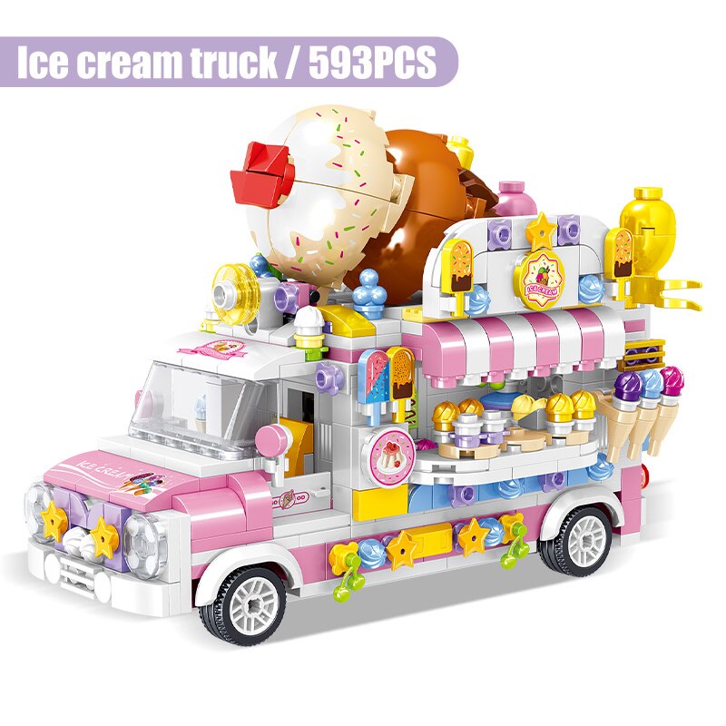 City Mini Girls Ice Cream Sets Model Building Blocks Friends Racing Vehicle Hot Dog Camping Car Bricks Toys For Children