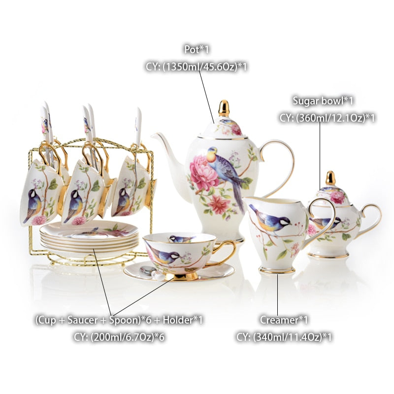 Pastoral Bird Bone China Coffee Set Europe Porcelain Tea Set Ceramic Mug Pot Sugar Bowl Creamer Teapot Coffee Cup Coffeeware