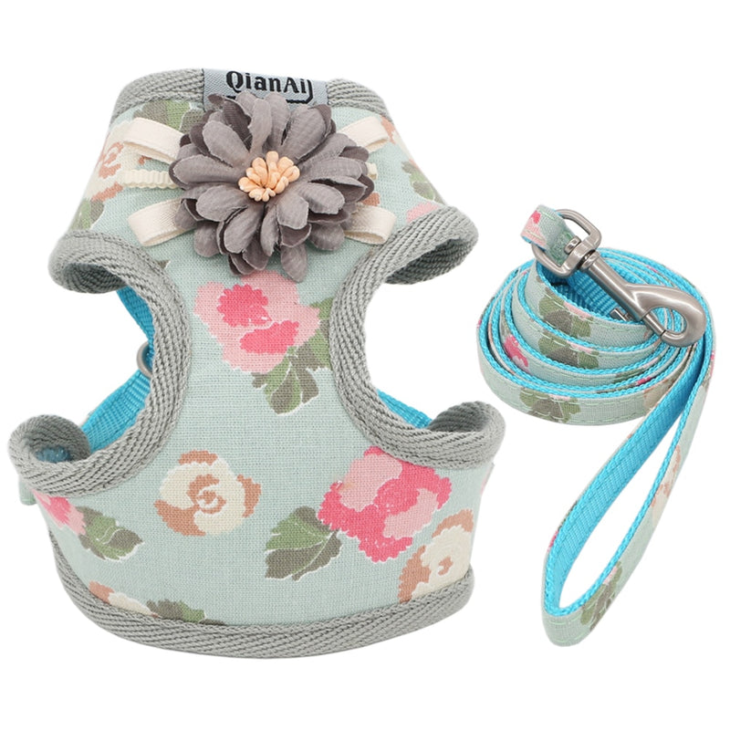 Dog Harness Leash Set Fashion Lovely Floral Breathable Adjustable Cat Harness Vest for Small Medium Dogs Cats Leashes Outdoor