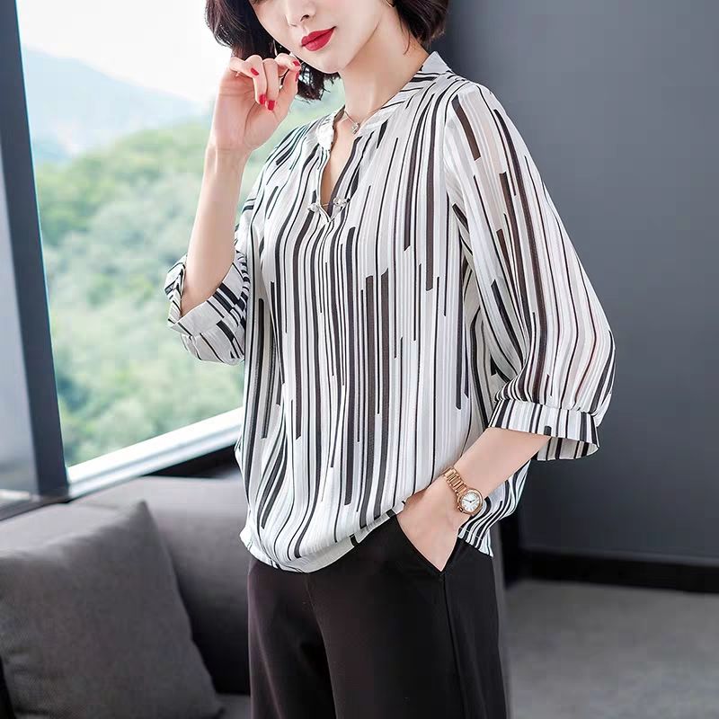 Women&#39;s Spring Summer Style Chiffon Blouses Blouses Shirt Women&#39;s Striped V-neck Three Quarter Sleeve Casual Loose Tops SP015