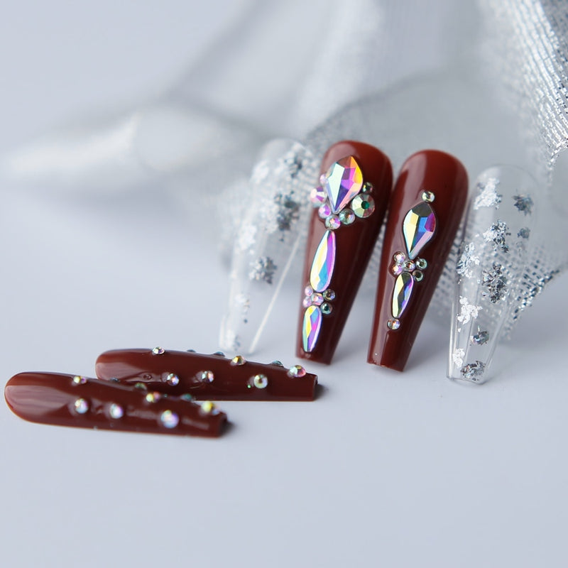 Glossy Coffee Luxury Coffin false nails gel Fake nails Rhinestone Box gift Press on nails Ballet reuse Gold leaf handmade