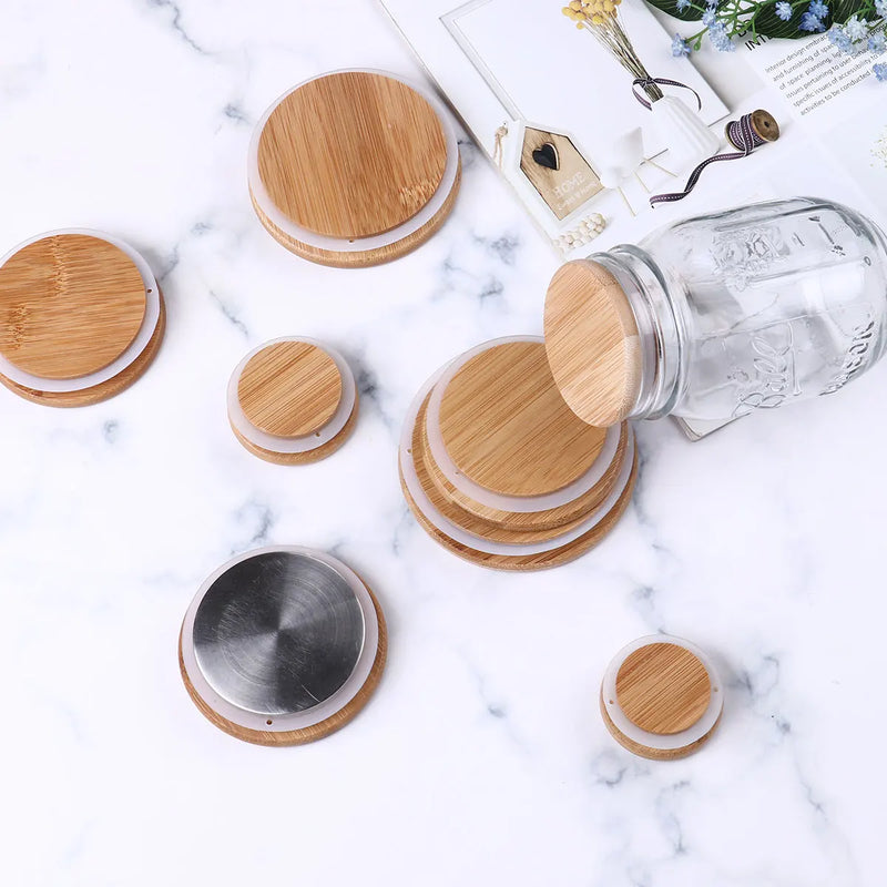 Bamboo Mason Jar Storage Canning Lids Drinking Cup Covers Reusable Seal Ring Pine Wooden Lid Caps for Glass Jars Ceramic Mugs