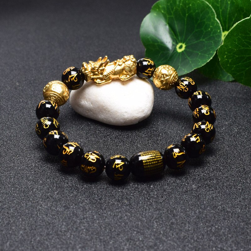 Stone Beads Bangles Bracelet 6 Words Gold Color Brave Troops Chinese Lucky Enegry God Beast Pixiu Bracelet Dropship Jewelry Gift